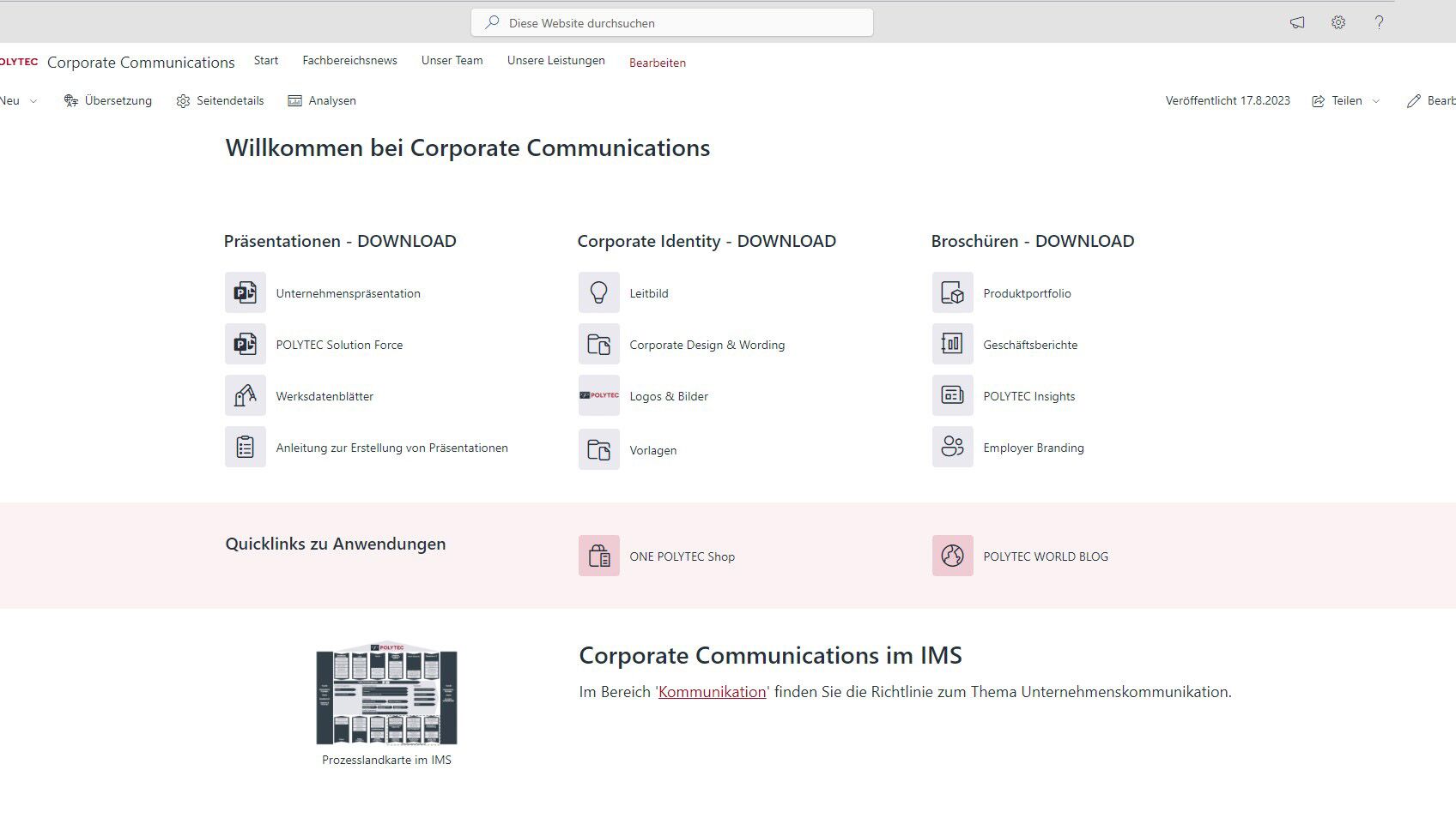 Intranet Anwendung bei Polytec Startseite